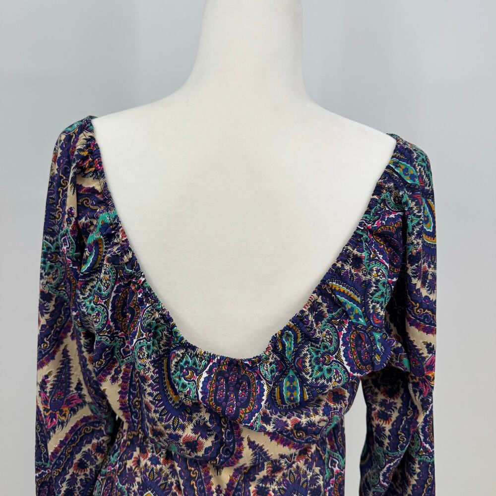 Earthbound Long Sleeve Midi Dress M Purple Paisley Y2K Tie Neck Babydoll Boho - Picture 7 of 9